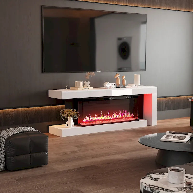 Meuble TV avec cheminée électrique élégante : Fonctionnement télécommandé et chauffage réglable pour plus de confort