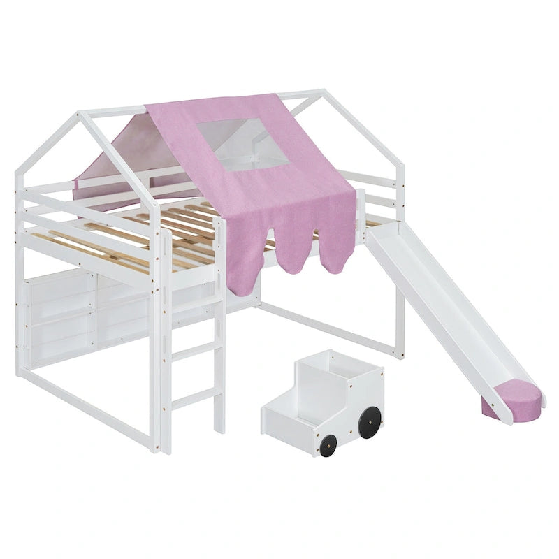 Lit mezzanine double en bois avec cadre de lit en forme de maison
