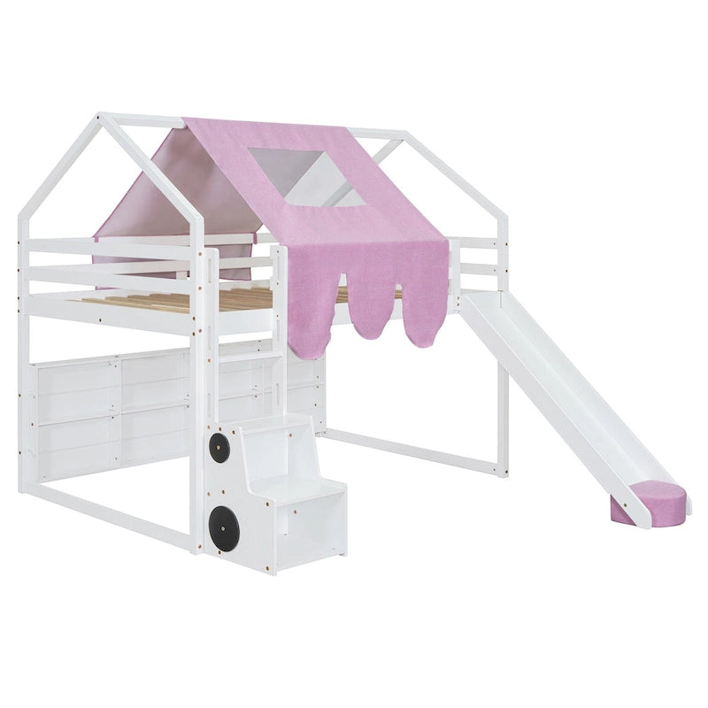 Lit mezzanine double en bois avec cadre de lit en forme de maison
