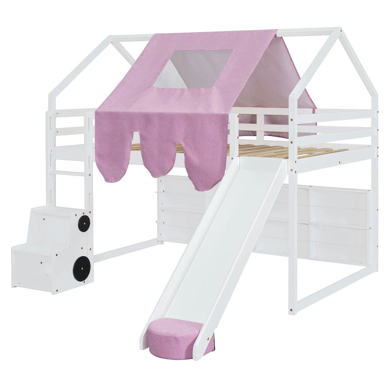 Lit mezzanine double en bois avec cadre de lit en forme de maison