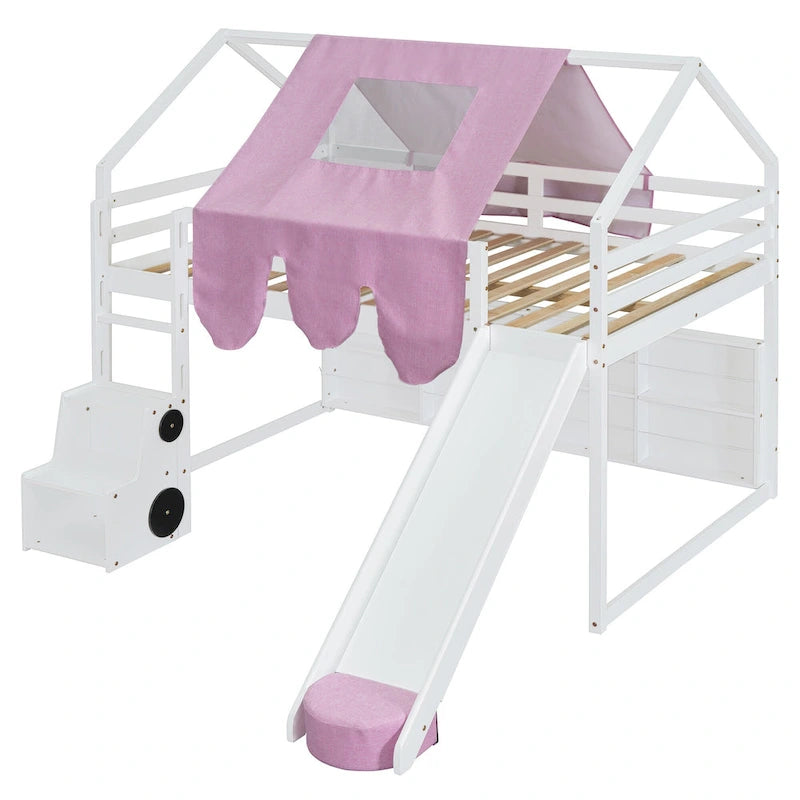 Lit mezzanine double en bois avec cadre de lit en forme de maison