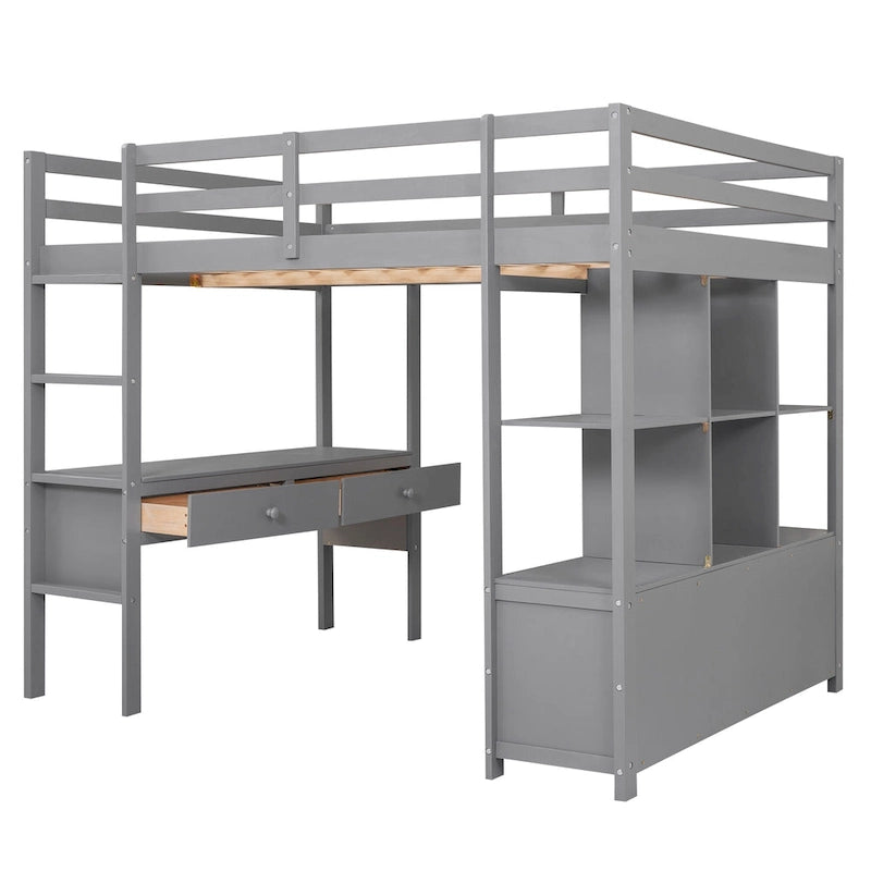 Lit mezzanine pleine grandeur avec bureau intégré, deux tiroirs, étagères de rangement