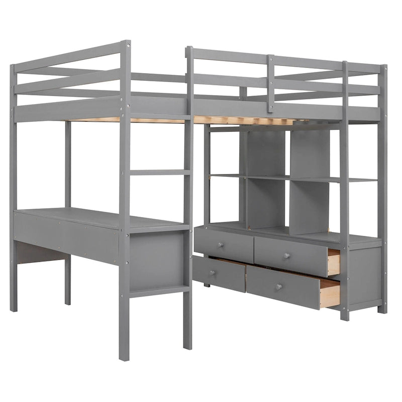 Lit mezzanine pleine grandeur avec bureau intégré, deux tiroirs, étagères de rangement