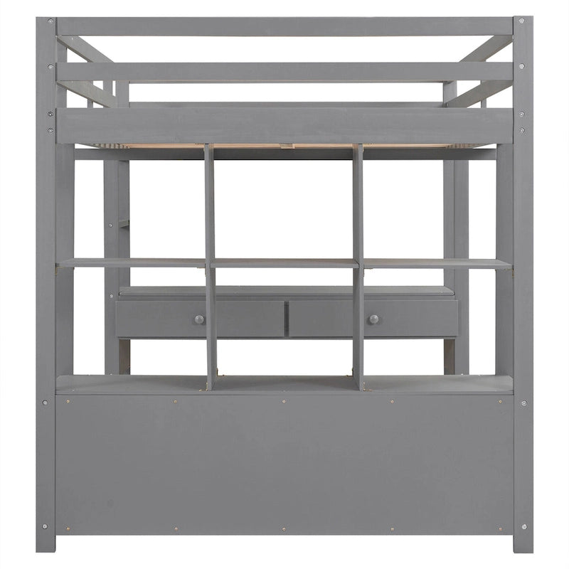 Lit mezzanine pleine grandeur avec bureau intégré, deux tiroirs, étagères de rangement