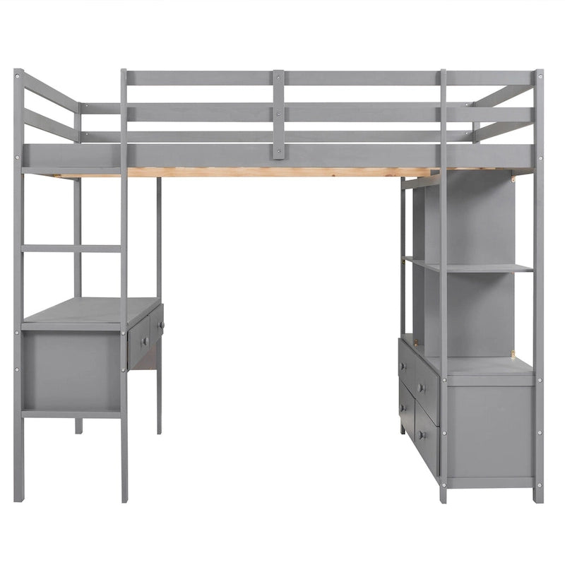 Lit mezzanine pleine grandeur avec bureau intégré, deux tiroirs, étagères de rangement