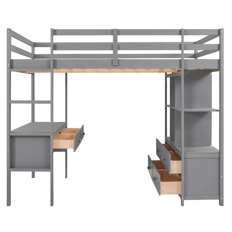 Lit mezzanine pleine grandeur avec bureau intégré, deux tiroirs, étagères de rangement