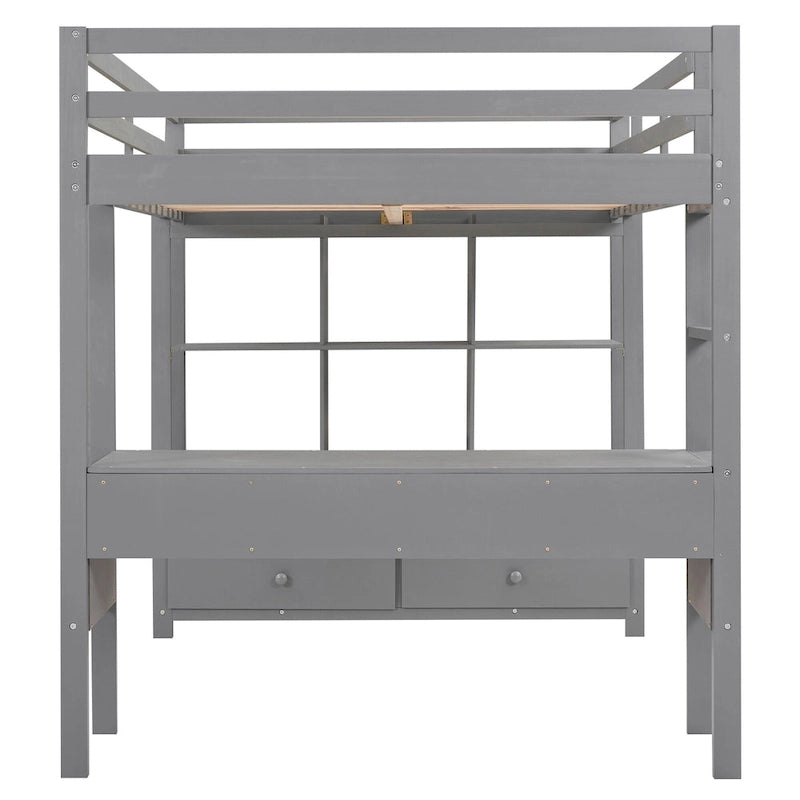 Lit mezzanine pleine grandeur avec bureau intégré, deux tiroirs, étagères de rangement