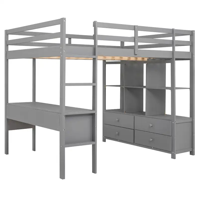 Lit mezzanine pleine grandeur avec bureau intégré, deux tiroirs, étagères de rangement