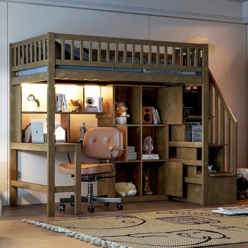 Lit mezzanine en bois massif avec bureau intégré et lumière LED