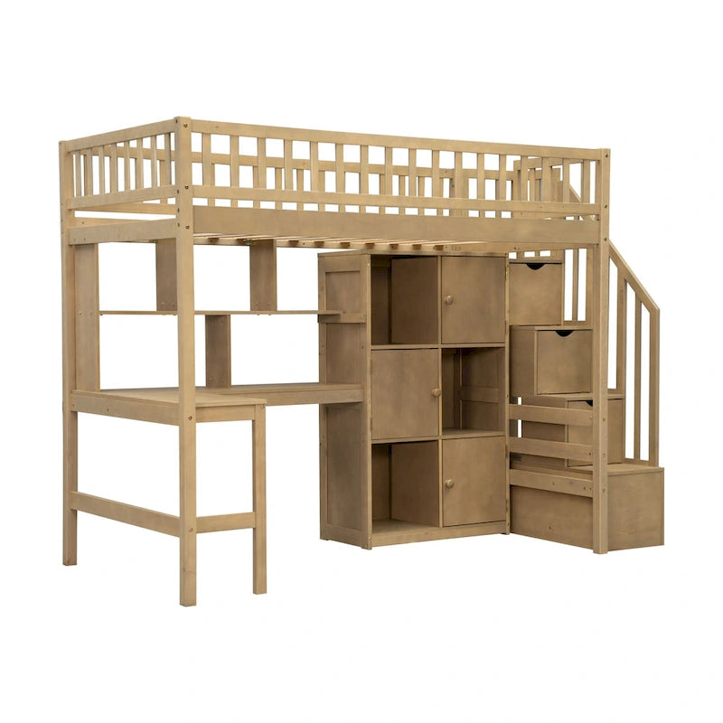 Lit mezzanine en bois massif avec bureau intégré et lumière LED
