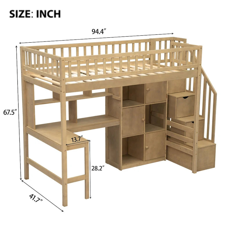 Lit mezzanine en bois massif avec bureau intégré et lumière LED