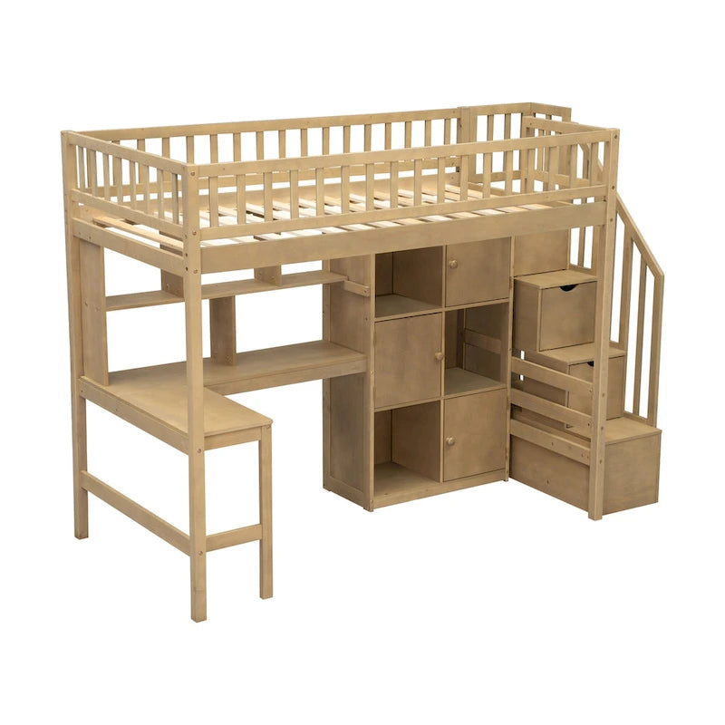 Lit mezzanine en bois massif avec bureau intégré et lumière LED