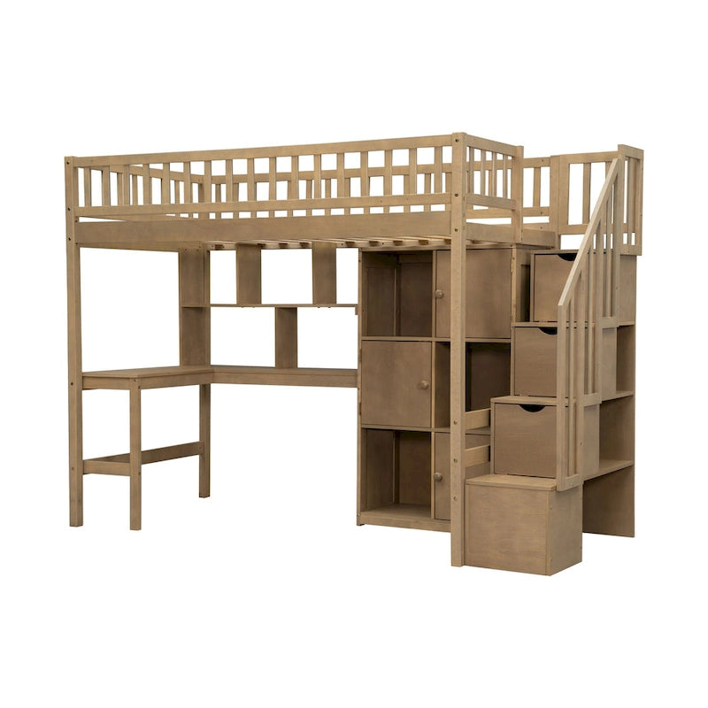 Lit mezzanine en bois massif avec bureau intégré et lumière LED