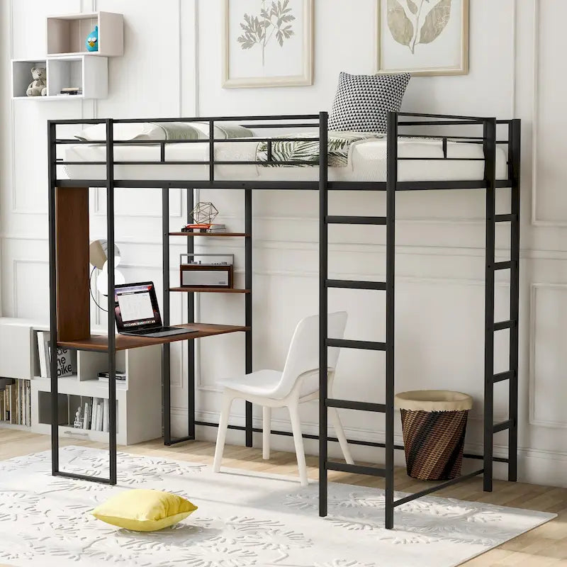 Lit mezzanine simple en métal avec échelle, barrière, étagères et bureau