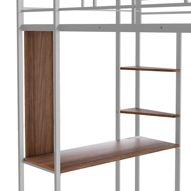 Lit mezzanine simple en métal avec échelle, barrière, étagères et bureau