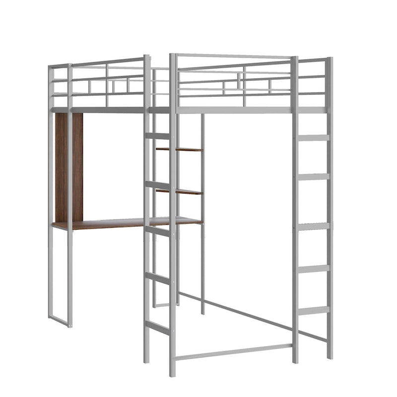 Lit mezzanine simple en métal avec échelle, barrière, étagères et bureau