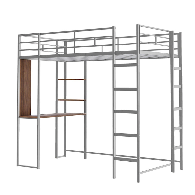 Lit mezzanine simple en métal avec échelle, barrière, étagères et bureau