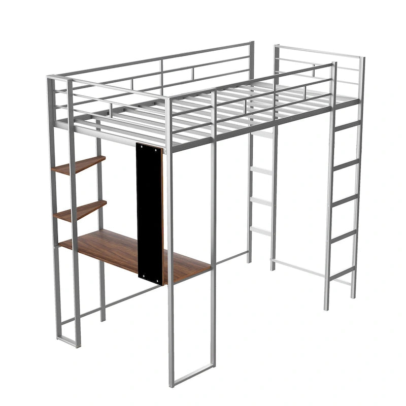 Lit mezzanine simple en métal avec échelle, barrière, étagères et bureau