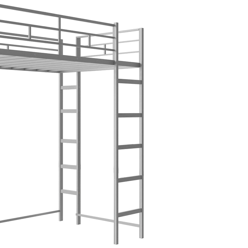 Lit mezzanine simple en métal avec échelle, barrière, étagères et bureau