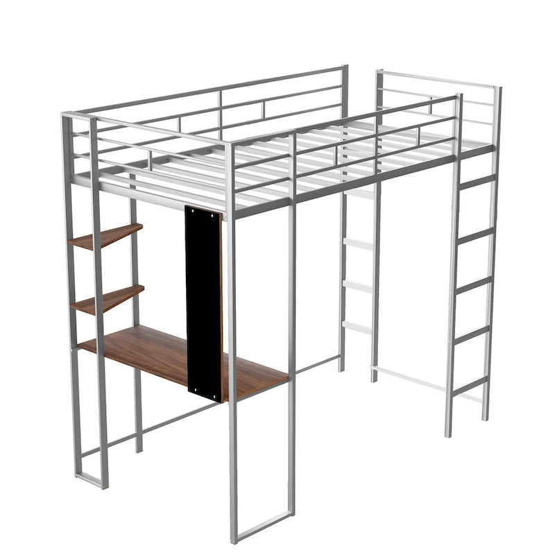 Lit mezzanine simple en métal avec échelle, barrière, étagères et bureau