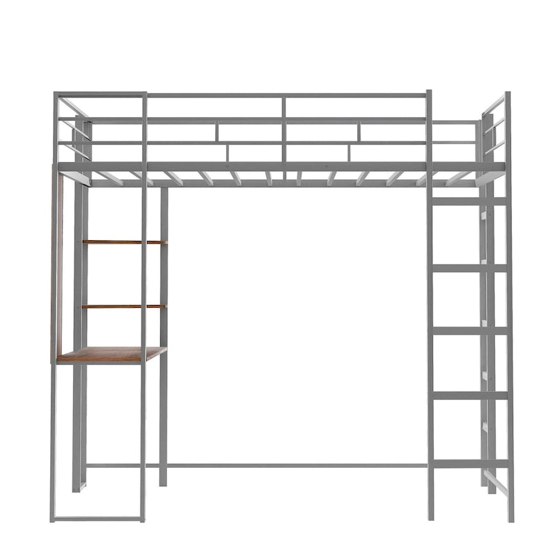 Lit mezzanine simple en métal avec échelle, barrière, étagères et bureau