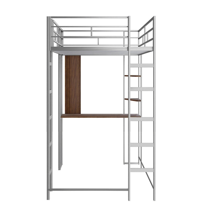 Lit mezzanine simple en métal avec échelle, barrière, étagères et bureau