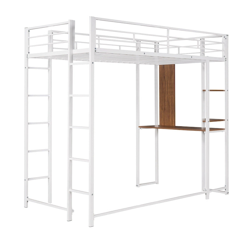 Lit mezzanine simple en métal avec échelle, barrière, étagères et bureau