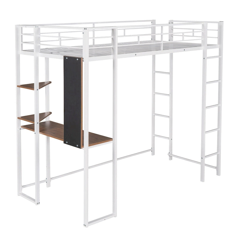 Lit mezzanine simple en métal avec échelle, barrière, étagères et bureau