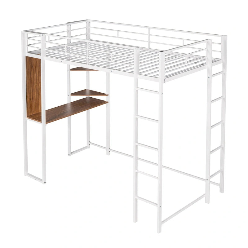 Lit mezzanine simple en métal avec échelle, barrière, étagères et bureau