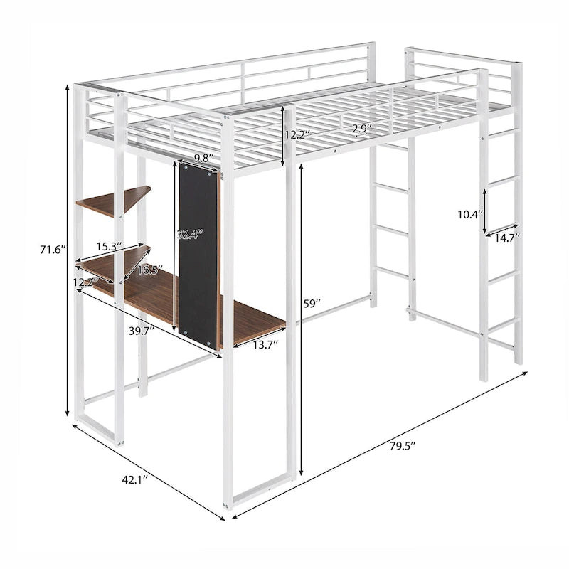 Lit mezzanine simple en métal avec échelle, barrière, étagères et bureau