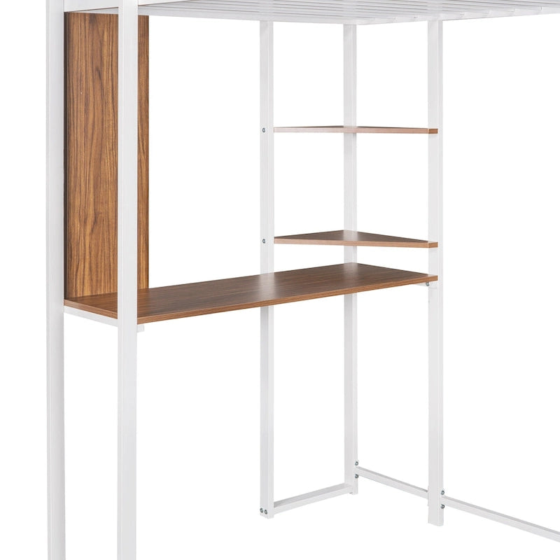 Lit mezzanine simple en métal avec échelle, barrière, étagères et bureau