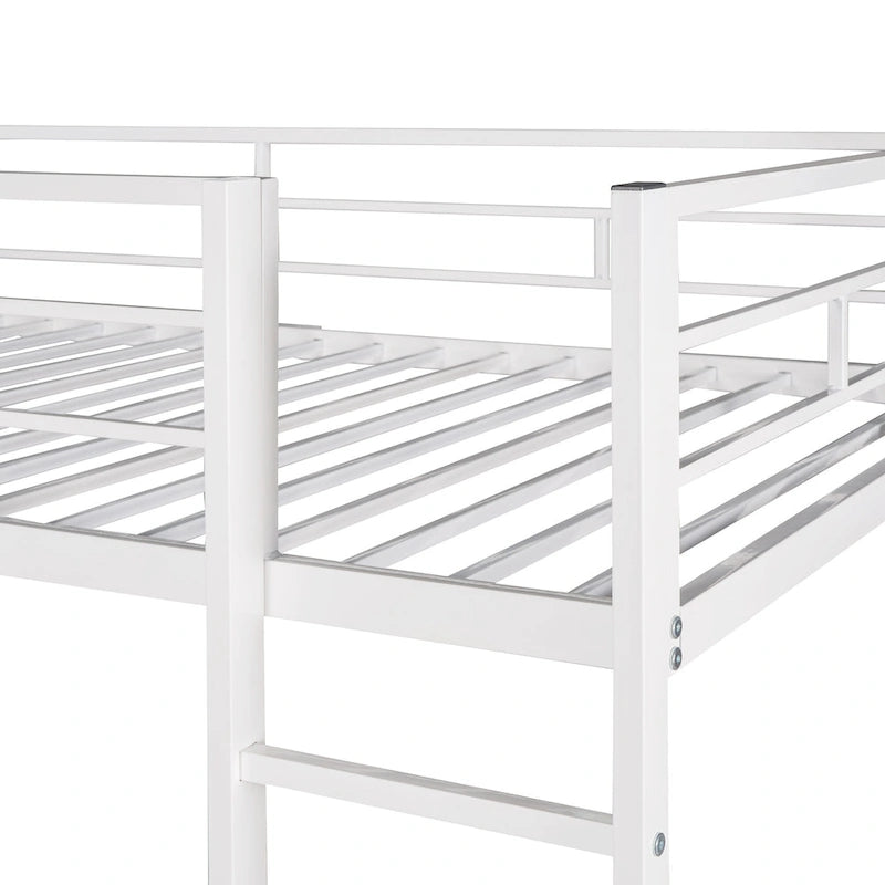 Lit mezzanine simple en métal avec échelle, barrière, étagères et bureau