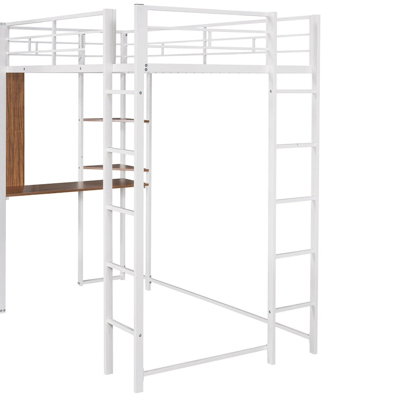 Lit mezzanine simple en métal avec échelle, barrière, étagères et bureau