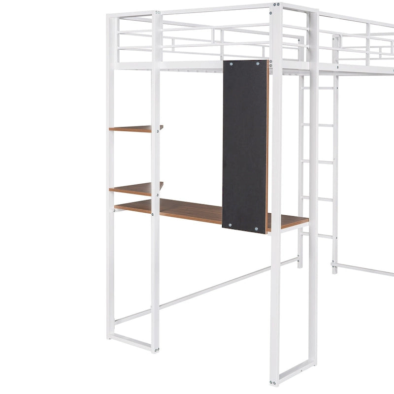 Lit mezzanine simple en métal avec échelle, barrière, étagères et bureau