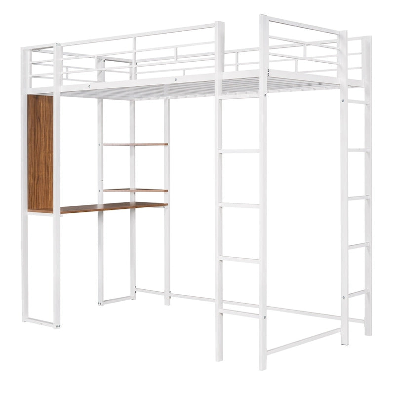 Lit mezzanine simple en métal avec échelle, barrière, étagères et bureau