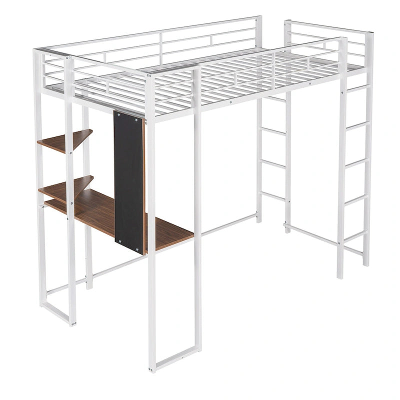 Lit mezzanine simple en métal avec échelle, barrière, étagères et bureau