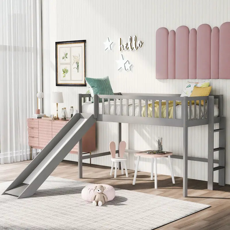 Lit mezzanine bas en bois simple avec échelle et toboggan pour enfants, garçons et filles