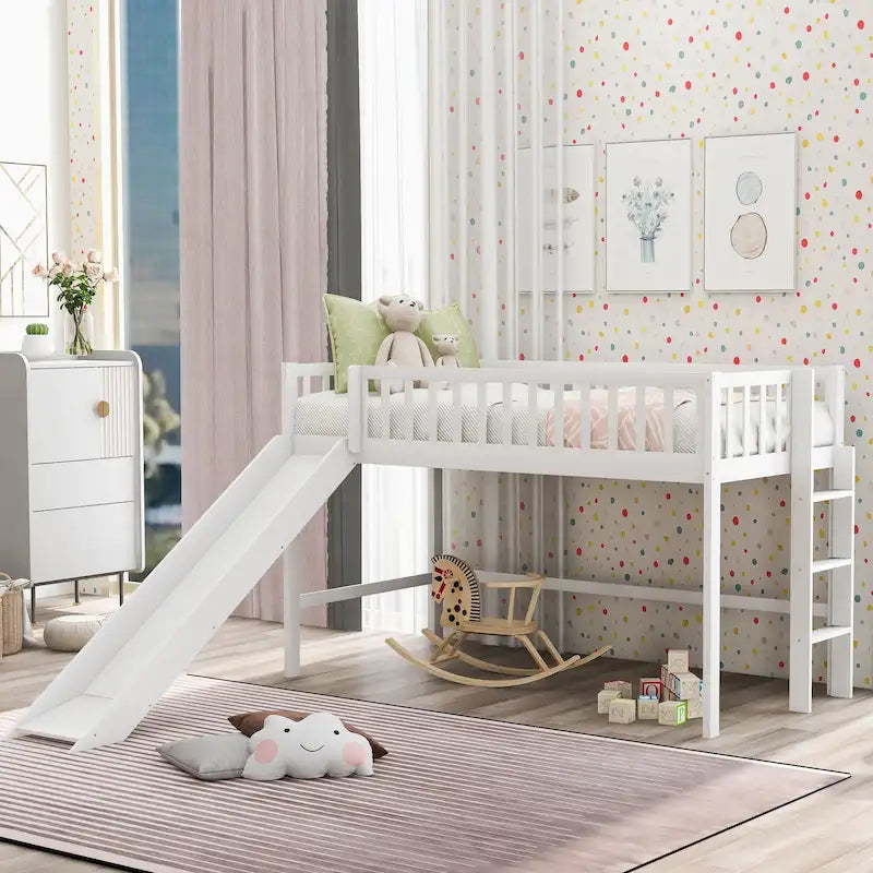 Lit mezzanine bas en bois simple avec échelle et toboggan pour enfants, garçons et filles
