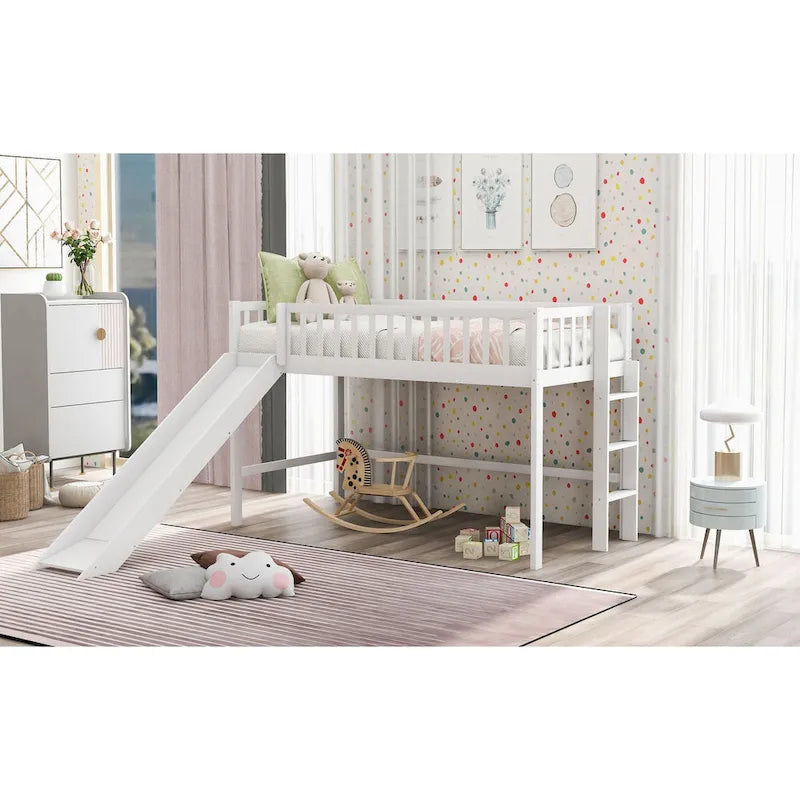 Lit mezzanine bas en bois simple avec échelle et toboggan pour enfants, garçons et filles