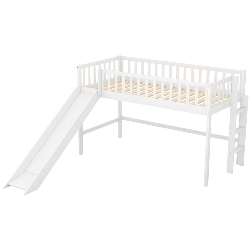 Lit mezzanine bas en bois simple avec échelle et toboggan pour enfants, garçons et filles