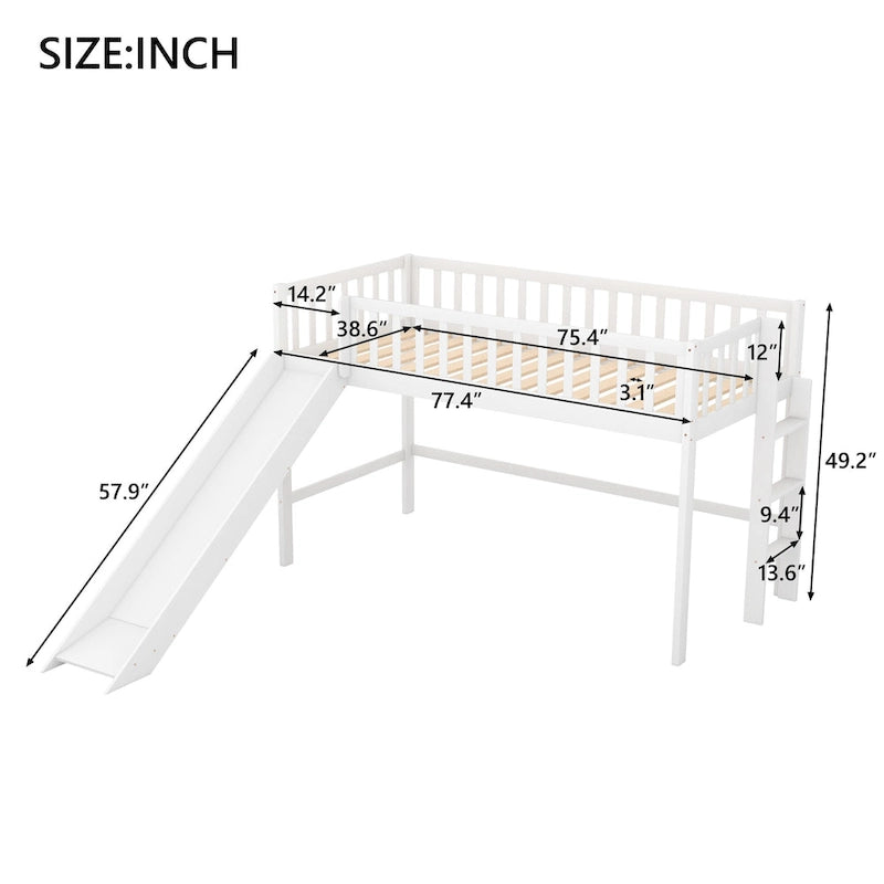 Lit mezzanine bas en bois simple avec échelle et toboggan pour enfants, garçons et filles
