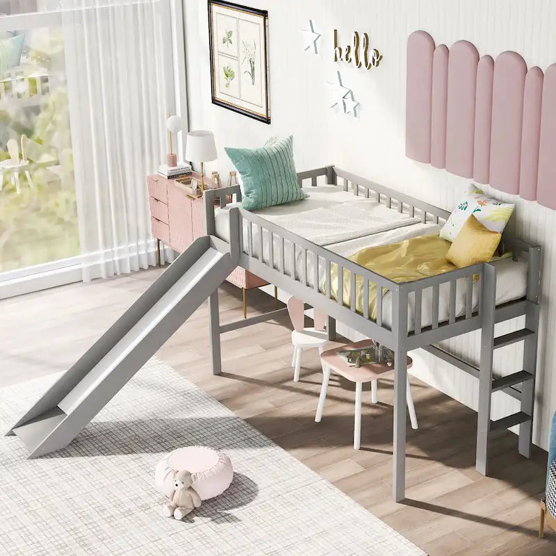 Lit mezzanine bas en bois simple avec échelle et toboggan pour enfants, garçons et filles
