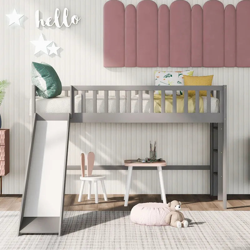Lit mezzanine bas en bois simple avec échelle et toboggan pour enfants, garçons et filles