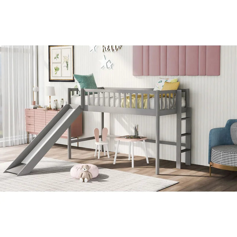 Lit mezzanine bas en bois simple avec échelle et toboggan pour enfants, garçons et filles