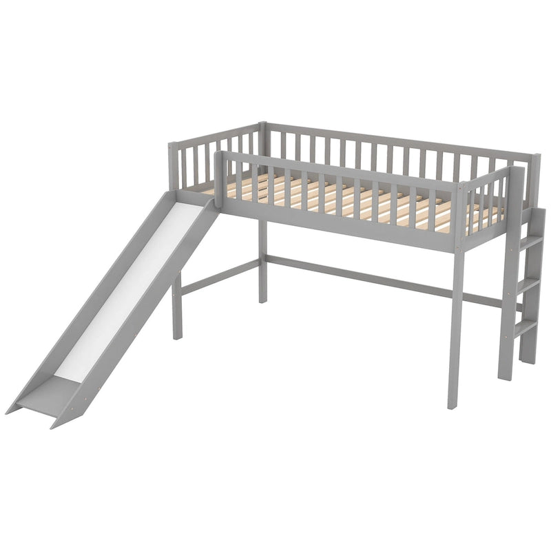 Lit mezzanine bas en bois simple avec échelle et toboggan pour enfants, garçons et filles