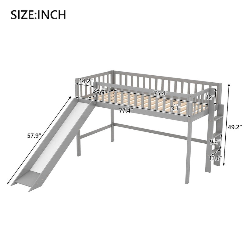 Lit mezzanine bas en bois simple avec échelle et toboggan pour enfants, garçons et filles