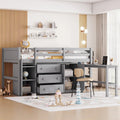 Lit bas mezzanine en bois pour enfant avec bureau coulissant, tiroirs, armoire et étagères