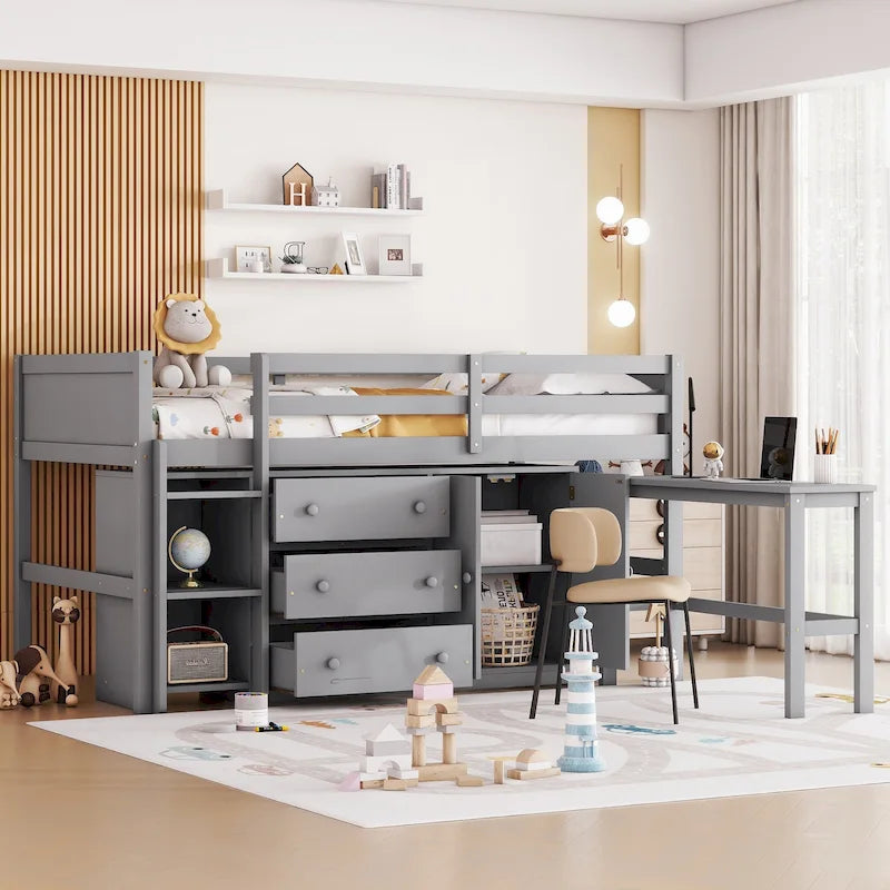 Lit bas mezzanine en bois pour enfant avec bureau coulissant, tiroirs, armoire et étagères