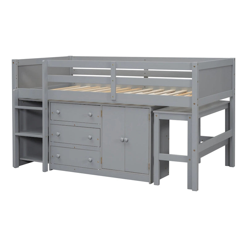 Lit bas mezzanine en bois pour enfant avec bureau coulissant, tiroirs, armoire et étagères