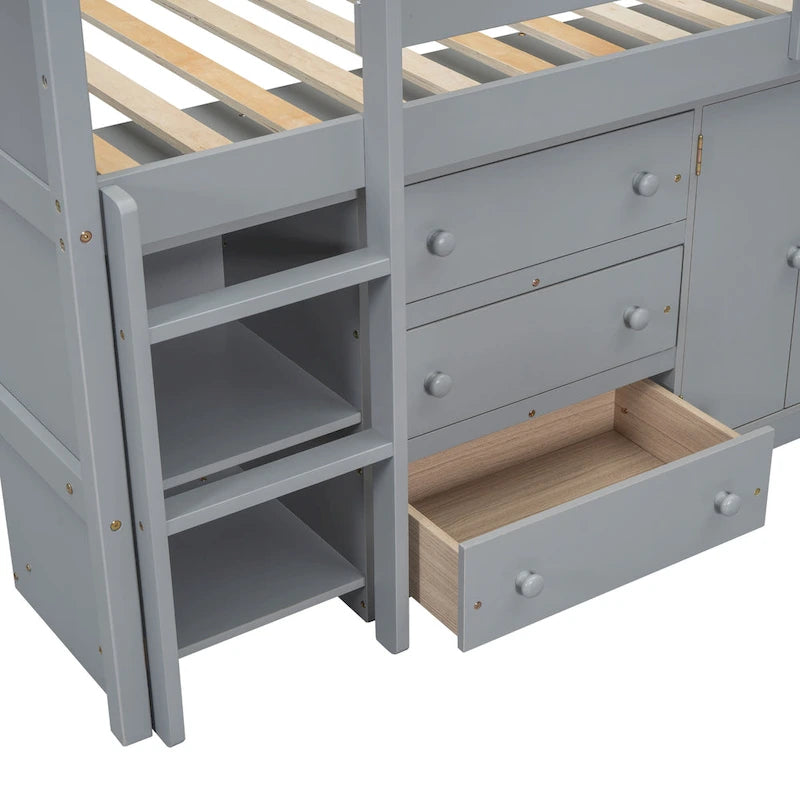 Lit bas mezzanine en bois pour enfant avec bureau coulissant, tiroirs, armoire et étagères